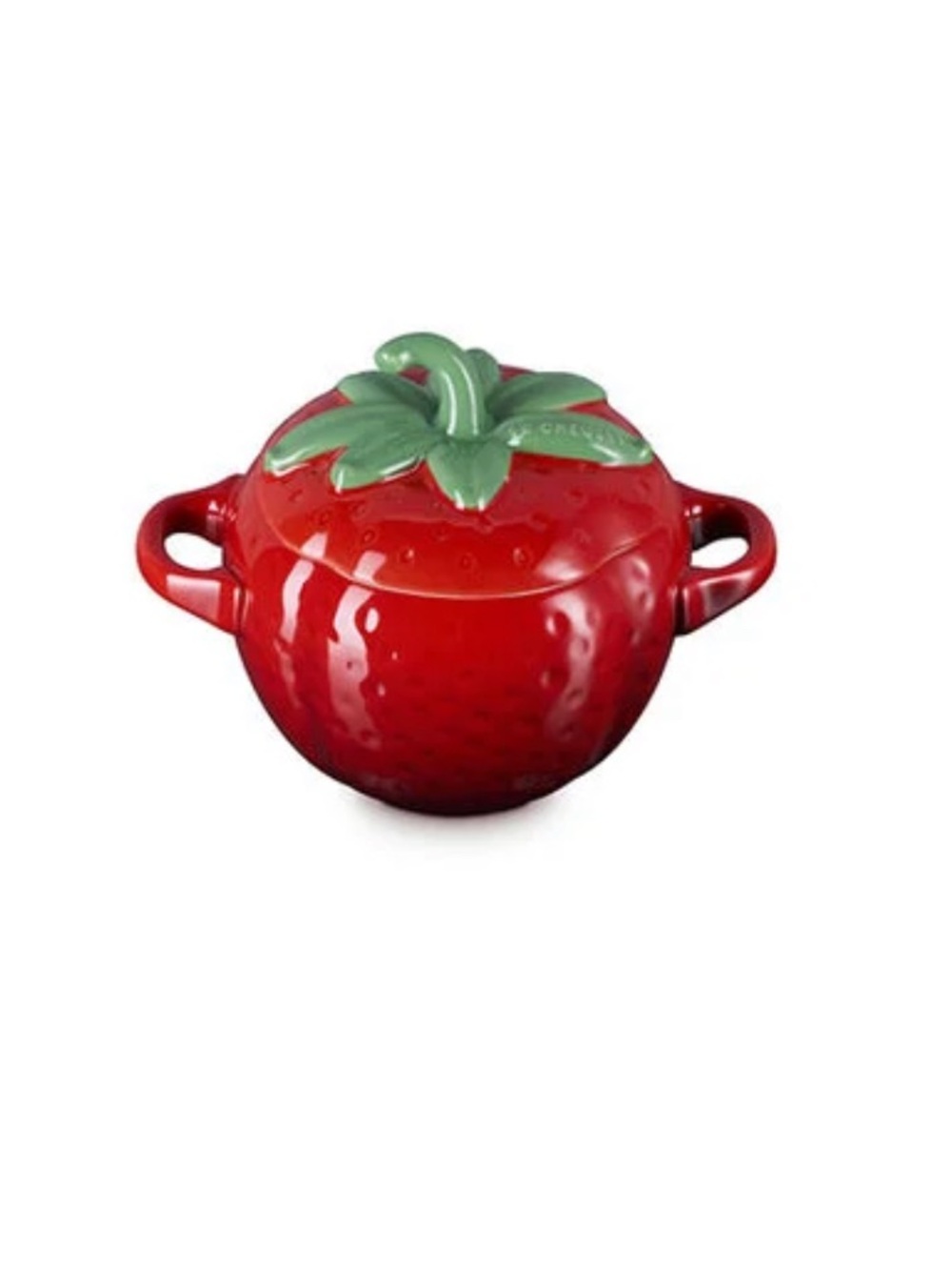 NEW Le Creuset Strawberry Ceramic Mini Cocotte Covered Casserole Green Leaf Lid